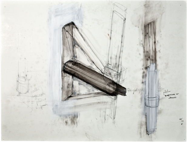 Gouttières et boîtes 16, 2007, 50 x 66 cm, encre et acrylique sur carton