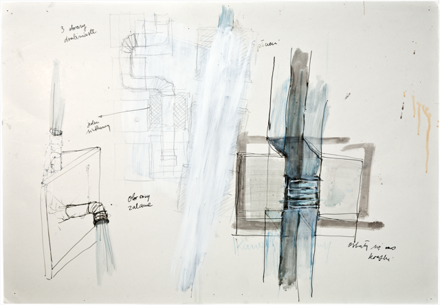 Gouttières et boîtes 8, 2006, 49,9 x 71,9 cm, encre et acrylique sur carton